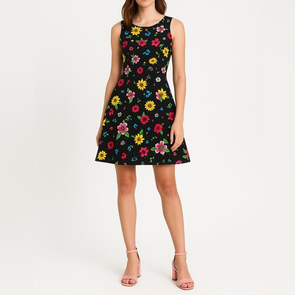 LA BELLE Floral Fit & Flare Dress | Size 3 | Black | Y2K Retro Cotton Sundress